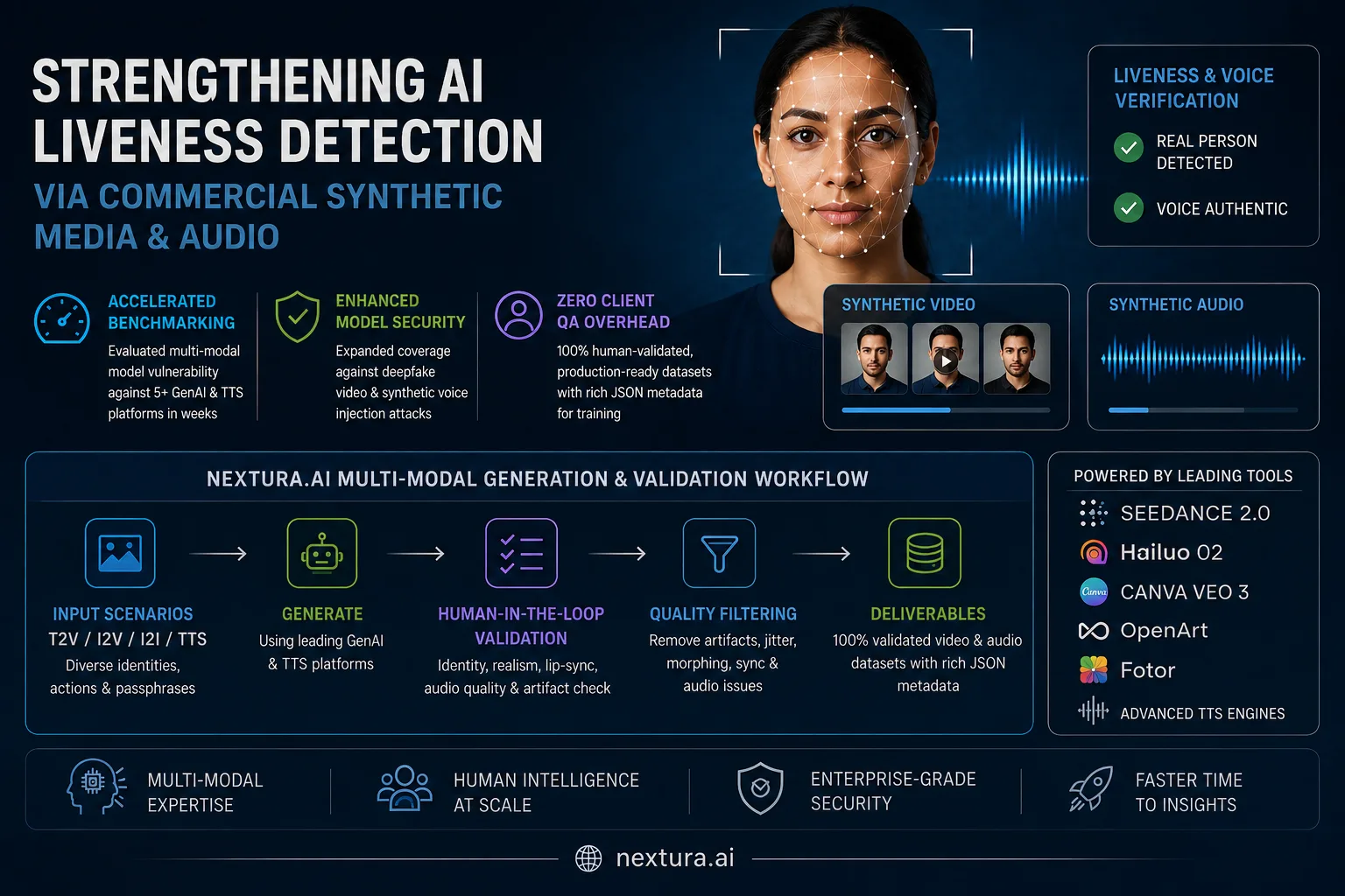Nextura.ai multi-modal generation and validation workflow for strengthening AI liveness detection via commercial synthetic media and audio
